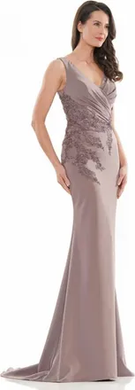 Colors Dress Wrapped V-Neck Applique Gown In Mink