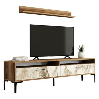 Dmora Dmora - Pared Equipada Edasich, Composici&oacute;n De La Sala De Estar, Muebles De Sal&oacute;n Multiusos, Gabinete De Tv, 180x35h47 Cm, Nogal Y M&aacute;rmol Blanco, Con 