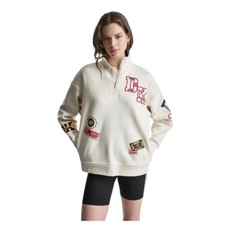 DKNY Dkny, Hoodies & sweatvesten, Dames, Beige, M, Katoen, Campus Patch Oversized Quarter-Zip
