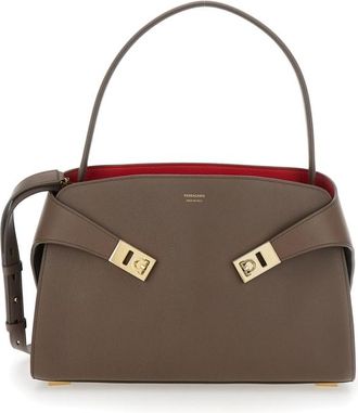 Ferragamo Hug Grey Shoulder Bag With Logo Printed On Front In Leather Woman
