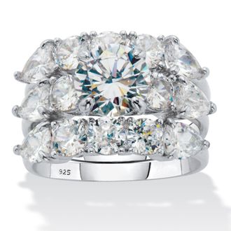 Palm Beach Jewelry 6.34 Cttw. Round Cubic Zirconia Platinum Plated Silver 3 Piece Bridal Ring Set