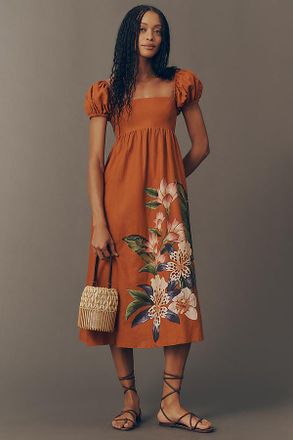Farm Rio Puff-Sleeve Square-Neck Midi Dress