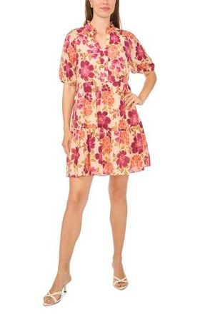Halogen Floral Short Sleeve Tiered Dress in Pink Multi at Nordstrom Rack, Size X-Large
