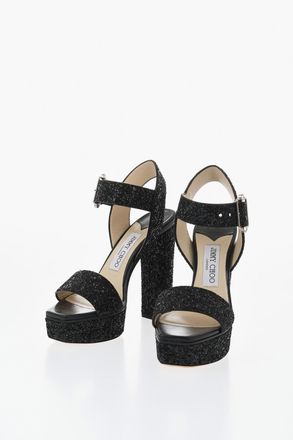 Jimmy Choo London Glitter Leather Ankle-Strap Sandals with Chunky 13cm Heel Jimmy Choo