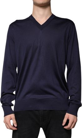 Dolce & Gabbana Navy Blue Silk V-neck Pullover Mens Sweater (Pre-Owned)