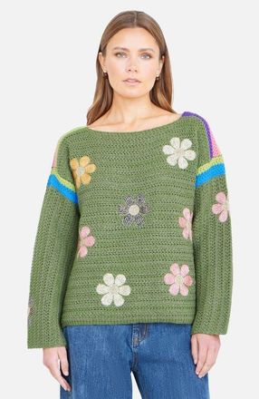 Yumi Crochet Flower Jumper in Green at Nordstrom, Size Medium