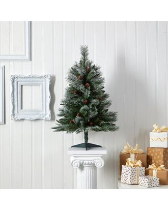 Nearly Natural 3ft. Snowed French Alps Mountain Pine Artificial Christmas Tree With 135 Bendable Branches And Pine Cones