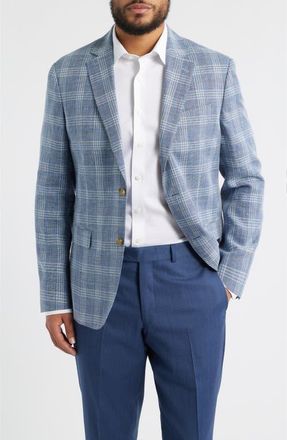 Nordstrom Henrik Trim Fit Plaid Slub Linen & Cotton Blend Sport Coat in Blue Enzo Plaid at Nordstrom, Size 36 Regular