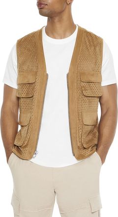 Forever 21 Mens Faux Suede Perforated Cargo Vest Coat, Light Brown, XXL