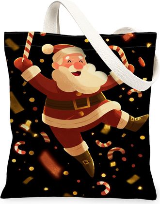 Generic Christmas Santa Canvas Tote Bags, Fun Holiday Design Reusable Grocery Bags, Lightweight Washable Shoulder Strap Canvas for, Black, 13x15 Inch