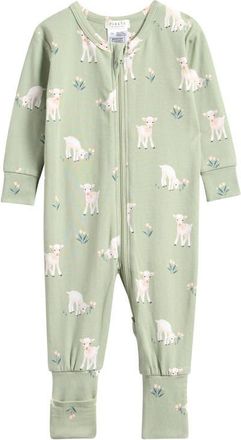 Petit Lem Little Lambs Fitted Stretch Organic Cotton Blend Convertible Footie Pajamas in Sage at Nordstrom, Size Newborn