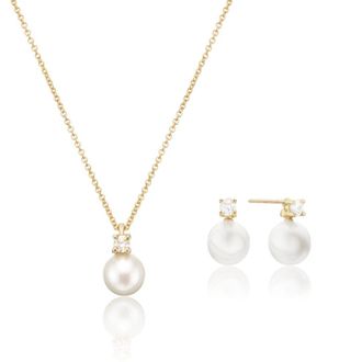 Lily & Roo Gold Diamond Style and Pearl Stud Earrings and Necklace Gift Set