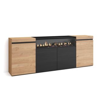 Skraut Home Aparador efecto madera roble y negro 200x35x75cm chimenea efecto fuego