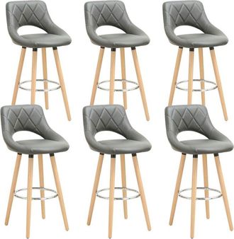 Woltu Woltu - Juego De 6 Taburetes De Bar De Piel Sint&eacute;tica Y Madera Maciza Con Respaldo Y Reposapi&eacute;s, 43 X 43 X 91 Cm, Color Gris