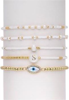 Eye Candy Los Angeles Aojo Set of 5 Beaded Bracelets in Gold/White at Nordstrom Rack