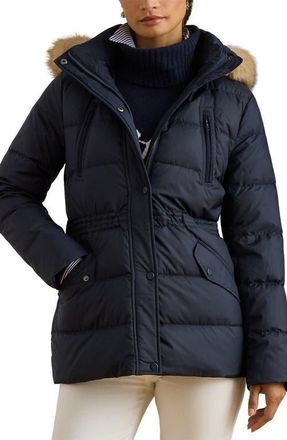 Lauren Ralph Lauren Faux Fur Trim Down & Feather Fill Puffer Coat in Dark Navy at Nordstrom, Size X-Large