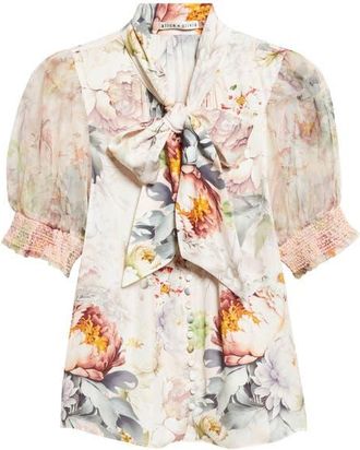 Alice & Olivia Brentley Floral Tie Neck Button-Up Top in Sweet Peony at Nordstrom, Size X-Small