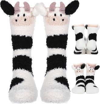 Vin beauty Fuzzy Socks For Women, Slipper Socks, Winter Soft Fluffy Animal Floor Socks, 3D Fuzzy Novelty Slipper Warm Sock, Cute Cow Anti-Slip Sock for Women Gir