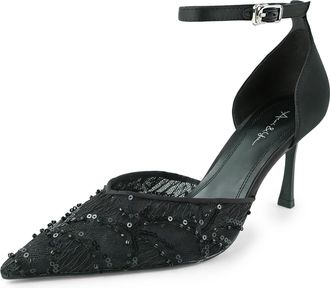 Generic Womens Elegant Pointed Toe Ankle Strap Heels Sequin Pumps for Evening Wedding Party Formal, Black, 10 Narrow