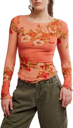 Free People Lilly Print Long Sleeve Mesh Top in Apricot Combo at Nordstrom, Size X-Large