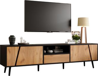 STILVORA Mueble De Tv Con 2 Puertas Y 1 Caj&oacute;n, Nicho Semiabierto, Estilo Moderno, En Tablero De Part&iacute;culas, Negro Y Madera, 180&times;40&times;46 Cm