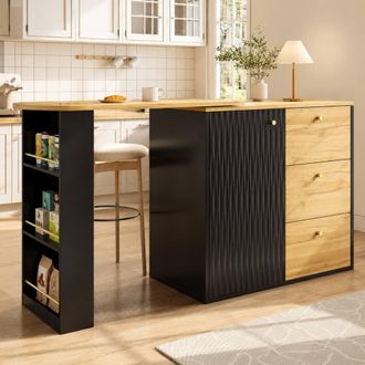 Merax Black Extendable Kitchen Island Bar Table Sideboard with 3 Drawers