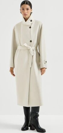 Brunello Cucinelli Hand-crafted coat in cashmere beaver double cloth with belt and monili in Ivory at Nordstrom, Size 48