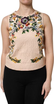 Dolce & Gabbana Womens Beige Floral Embroidery Sleeveless Tank Top Cotton Nylon