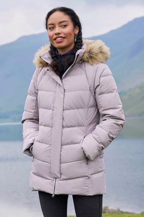 Mountain Warehouse Isla II Womens Down Jacket Water Resistant Faux Fur Hood Warm Winter Coat Ecru - Size 12 UK