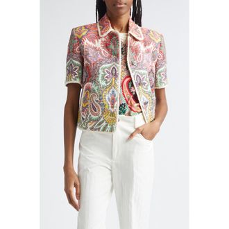 Etro Paisley Short Sleeve Crop Jacket in Print On White Base at Nordstrom, Size 10 Us
