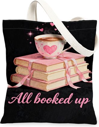 Generic Artistic Vintage Canvas Tote Bags, Book Stack Pattern Reusable Grocery Bags, Lightweight Washable Shoulder Strap Canvas for, Black, 13x15 Inch