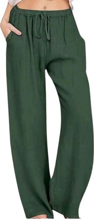 Generic Womens Summer Cotton Linen Pants Drawstring Elastic Waist Cropped Trousers for Women UK Solid Color Plus Size Wide Leg Trousers Lightweight Loose Fit 