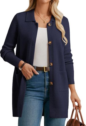 Grace Karin Ladies Knitted Long Cardigan Button Front Sweater Coat with Lapel Collar Patch Pockets Mid Long CL172-06/Navy Blue S
