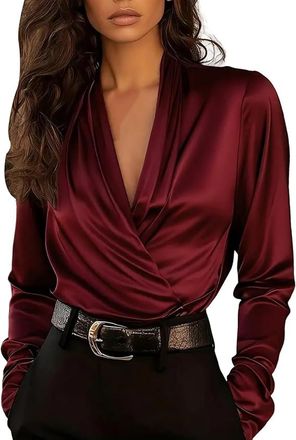 Generic Women Long Sleeve Shirt, Womens Casual Long Sleeve Tops V Neck Pleated Formal Satin Blouse, Elegant Tops for Women. (Burgundy,L)