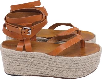 Isabel Marant Thong Ankle Strap Espadrille Wedge Sandals in Brown Leather