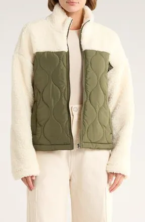Thread & Supply Mixed Media Fleece & Quilted Panel Zip Jacket in Olive Milk at Nordstrom Rack, Size Large
