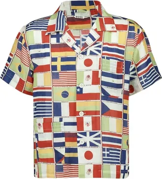 Bode Vlagprint Linnen Overhemd - Heren - Korte mouwen Overhemden - Veelkleurig - XL - Linnen - Overhemden