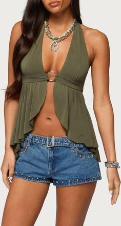 Edikted Skye Backless Split Halter Top in Olive at Nordstrom, Size X-Large