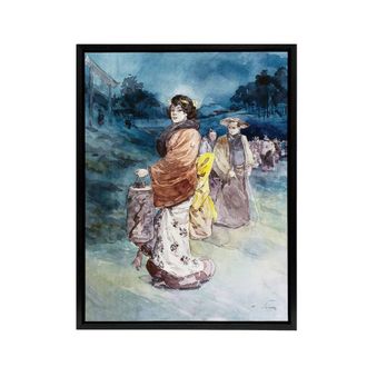 Artery8 Somm Procession of Characters in Japanese Costume Framed Canvas Art in Blue | Size: W24 x H32