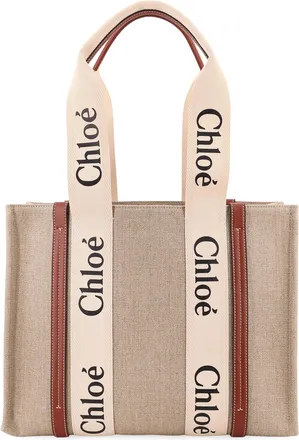 Chlo&eacute; Woody Linen Shoulder Bag With Logo Lettering On The Front-Donna