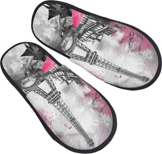 Generic Fluffy Slippers Painting Paris Eiffel Tower Reusable Fleece Slippers Unisex Cotton Slipper For Indoor Spa Winter M