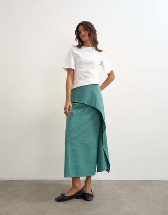 Topshop gonna lunga con dettaglio drappeggiato a quadri verde e blu