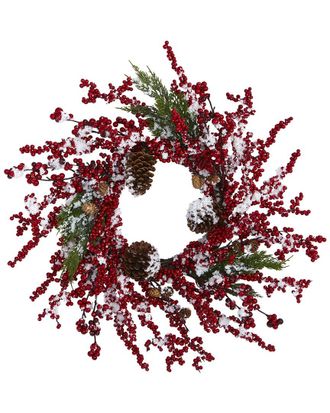Nearly Natural 24In Frosted Cypress Artificial Wreath With Berries