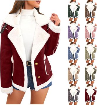 Generic Womens Shearling Jacket Soft Faux Fur Lined Suede Coat Elegant Ladies Lapel Long Sleeve Jackets with Buttons Warm Winter Outerwear with Pockets Stylis