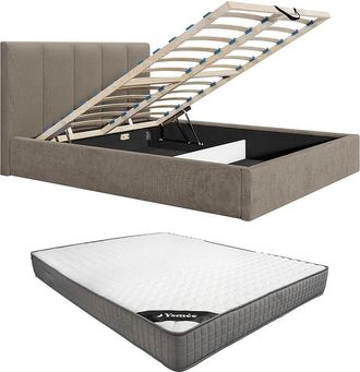 Vente-Unique Canap&eacute; abatible 180 x 200 cm con cabecero costuras verticales - Tela - Topo - Con colch&oacute;n - KILACLO