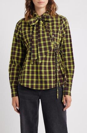 Damson Madder Robyn Tartan Organic Cotton Wrap Shirt in Yellow at Nordstrom Rack, Size 12 Us / 16 Uk
