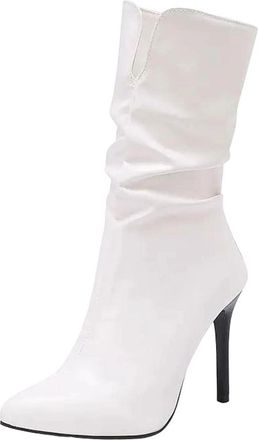 Generic Womens Sexy Mid Calf Boots Pointed Toe Super High Thin Heel Back Zipper With Pleated Detail For Party Dating