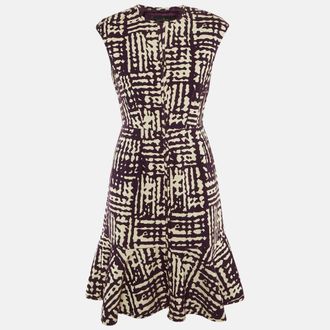 Carolina Herrera Purple /white Patterned Knit Flounced Hem Short Dress