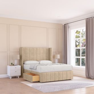 Sloomy Melbourne Coniston Wingback Bed Set, 2 Drawers & 54 Floor Standing Headboard in Cream | Size: Super King