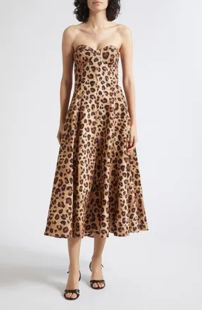 Reiss Ramona Leopard Print Strapless Corset Midi Dress in Neutral at Nordstrom, Size 12